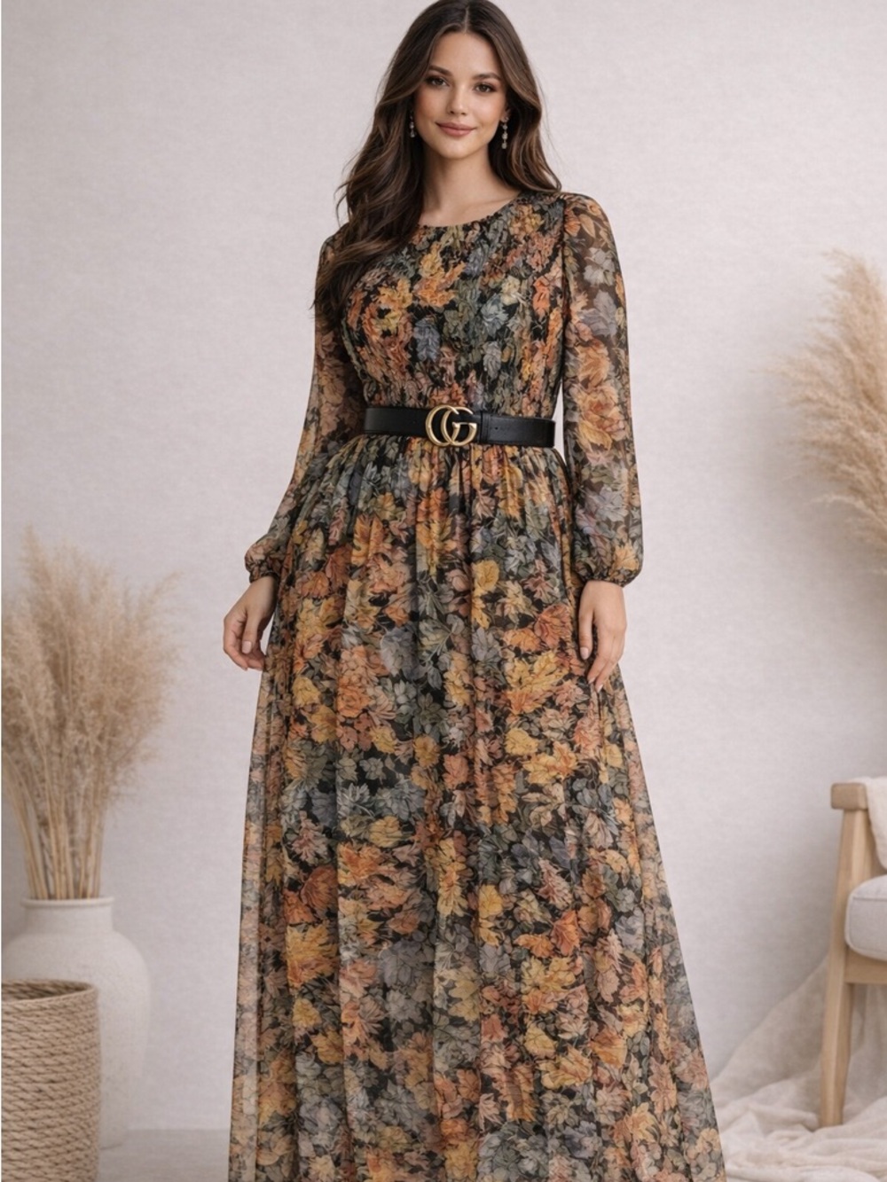 ModCloth Floral Smocked Maxi Dress 1X | Boho/Cottagecore Long Sleeve |Warm Tones